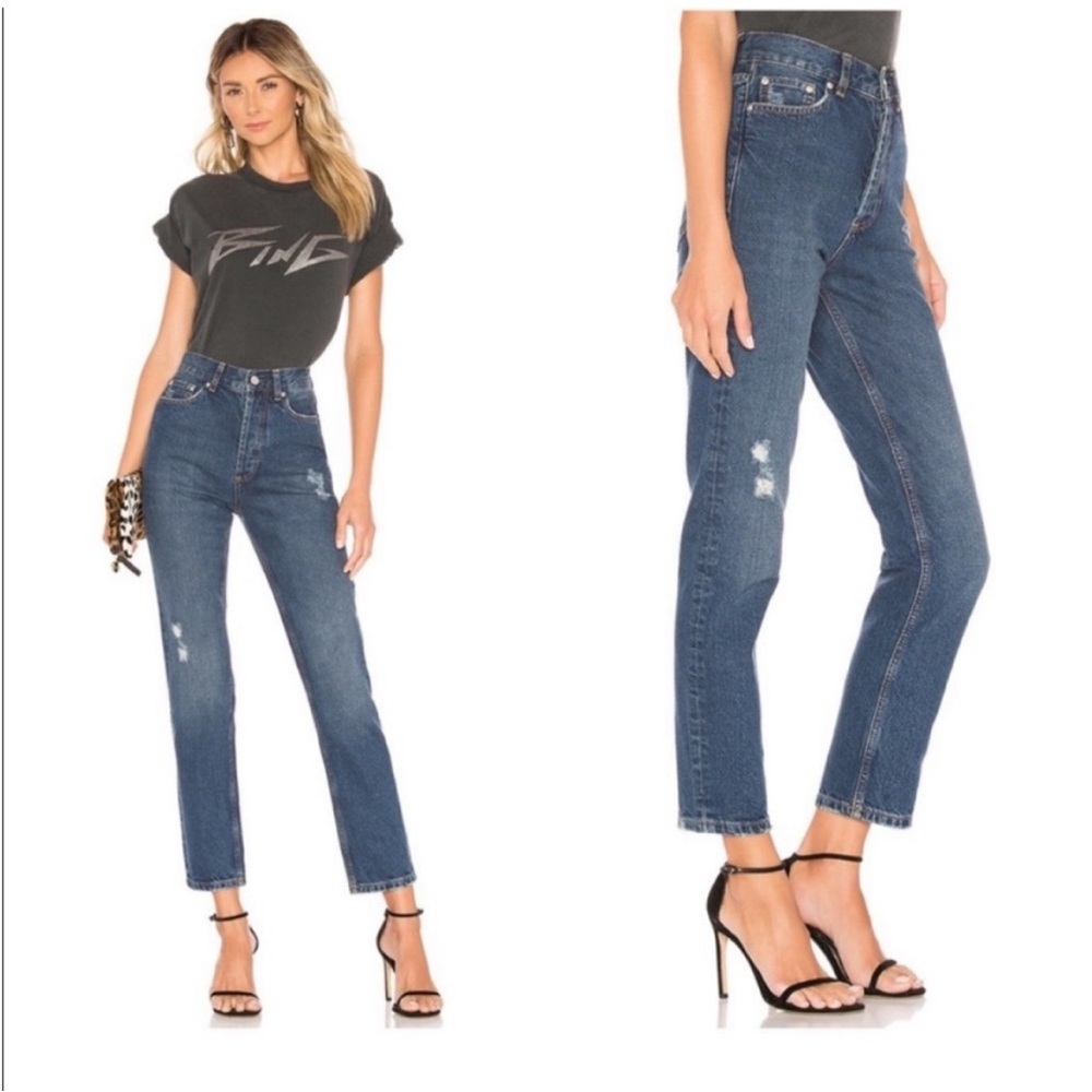 Anine Bing Peyton Blue High Rise Jeans with Distressed Details